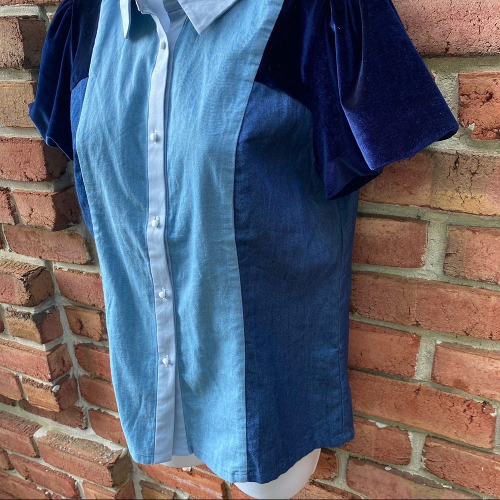 Blue Color Block Velvet & Chambray Button Shirt S - image 6